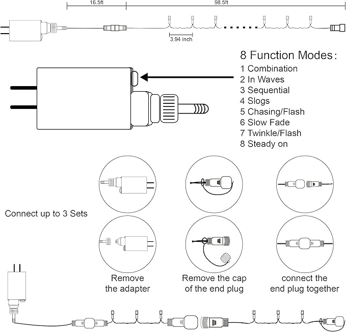 LJLNION 300 LED String Lights Outdoor Indoor, Extra Long 98.5FT Super Bright Christmas Lights, 8 Lighting Modes, Plug in Waterproof Fairy Lights for Holiday Wedding Party Bedroom Decorations ( White)