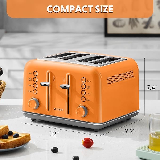 BUYDEEM DT640 4-Slice Toaster, Extra Wide Slots, Retro Stainless Steel with High Lift Lever, Bagel and Muffin Function, Removal Crumb Tray, 7-Shade Settings,Orange