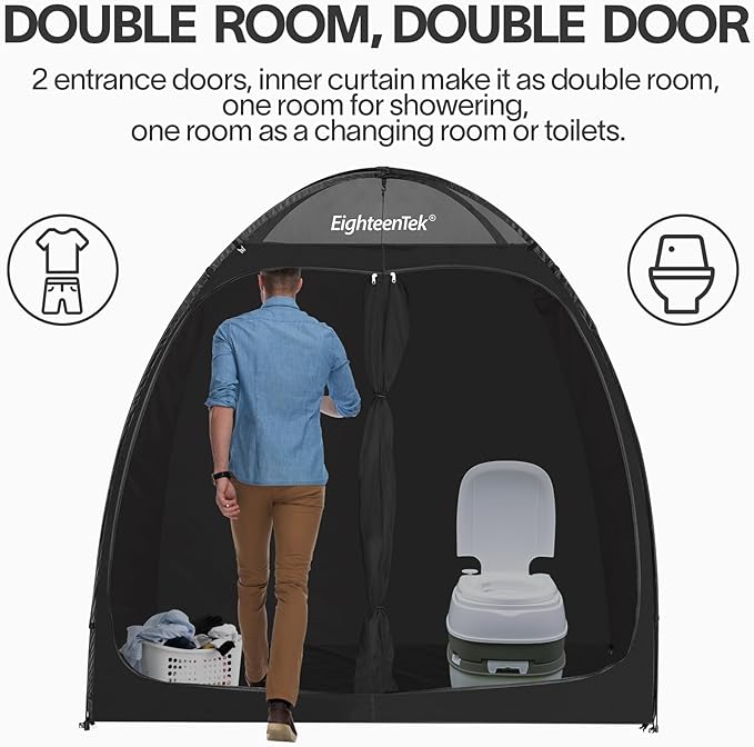 EighteenTek Shower Tent Camping, 2-Room Portable Changing Room, Outdoor Shower Enclosure, Pop Up Privacy Tent Shelter with Floor & Doors, Waterproof & Lightweight, Camping Toilet Bathroom