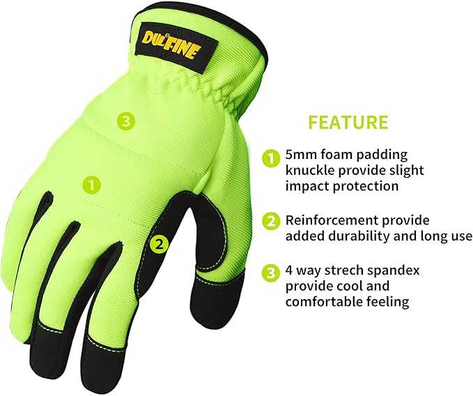 DULFINE High Performance Work Gloves For Men(3 Pairs Pack), Hi-Vis Yellow Color,High Dexterity Touch Screen For Multipurpose,Excellent Grip (Small)