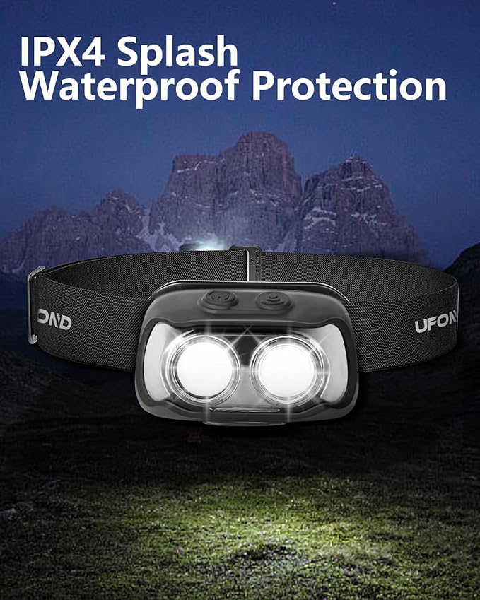 UFOND LED Headlamp 2-Pack,6 Modes Wide or Focused Beam,Rechargeable Headlight Motion Sensor USB Cable Included,Ajustable Headband Lightweight Waterproof Flashlight for Camping Hiking Running