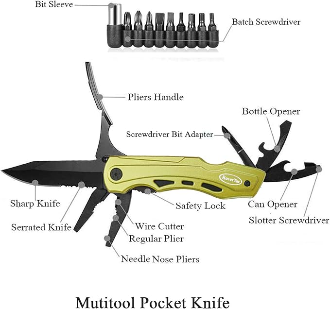 RoverTac 15-in-1 Multitool Knife – Gifts for Men, Dad, Husband – Folding Knife with Screwdrivers, Pliers, Saw – Camping Gear for Hiking, Survival, DIY, Great for Valentine, Birthdays, Father’s Day