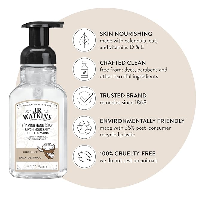 J.R. Watkins Foaming Hand Soap Pump with Dispenser, Moisturizing Hand Soap Foam, Alcohol-Free and Cruelty-Free, Use for Kitchen or Bathroom, Coconut, 9 fl oz, 3 Pack
