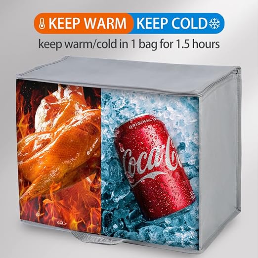 Bodaon 5-Pack Insulated Reusable Grocery Shopping Bags, X-Large Picnic Cooler Bag Zipper/Zippered Top Cold, Insulated Food/Pizza Delivery Bag, Grey