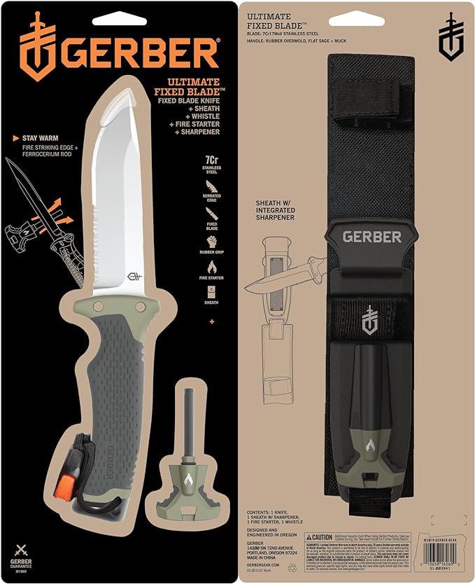 Gerber Gear Ultimate Survival Knife, Fixed Blade Knife with Combo Edge, includes Fire Starter Edge and Ferro Rod, Whistle, Sheath with Integrated Sharpener - Bushcraft, Hunting and Camping Tool