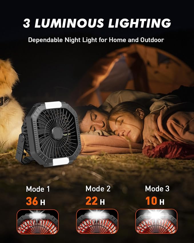 Rechargeable Camping Tent Fan with LED Lantern, 7800mAh Battery Operated Fan with Hang Hook & Remote, Portable Ceiling Tent Fans with Remote for RV Emergency Car Office Hurricane