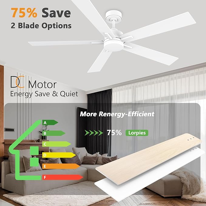 60” Smart Ceiling Fan with Lights Remote,Control via Alexa Google Voice App Wifi,Silent DC Motor,Dimmable,Outdoor Indoor Modern Ceiling Fans for Large Bedroom Patio Porch,White and Wood