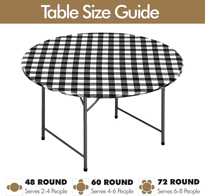 Fitable 2 Pack Vinyl Fitted Tablecloth Round, Black and White - Waterproof Checkered Elastic Tablecloth Flannel Backed Gingham Table Cover for Outdoor Picnic Dining (Fit for 36"-44" Round Tables)