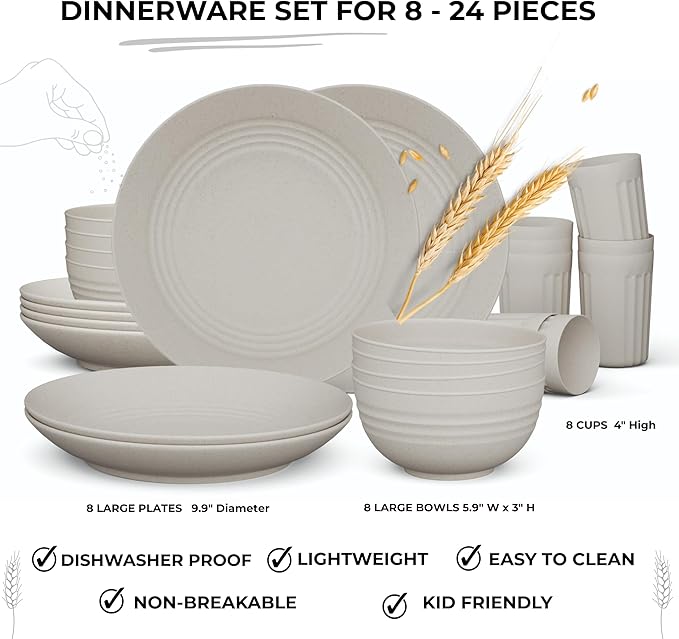 Fern & Soul Wheat Straw Dinnerware Sets, Dish Set for 8, 24 pcs with Storage Bag. Unbreakable, Dishwasher Safe, Kitchen Plastic Plates Bowls Sets, College Dorm, RV Camping Dishes Plate Set (Beige)