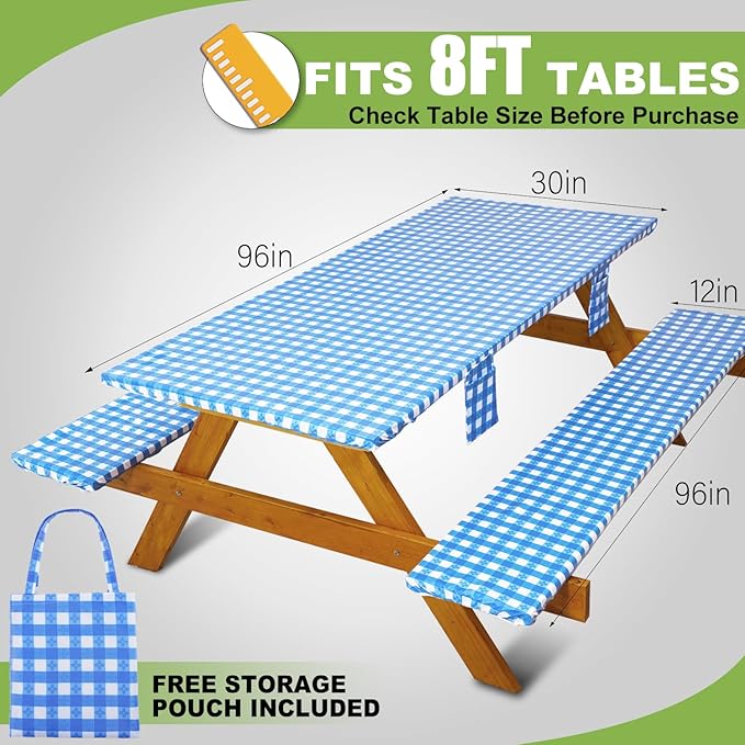 Fitted Picnic Table Cover with Bench Covers Waterproof Elastic Edges Rectangle Patio Tablecloth Outdoor Camping Essentials Stuff Rv Accessories Summer Trip Travel Supplies Party Camper Gifts, 8 ft