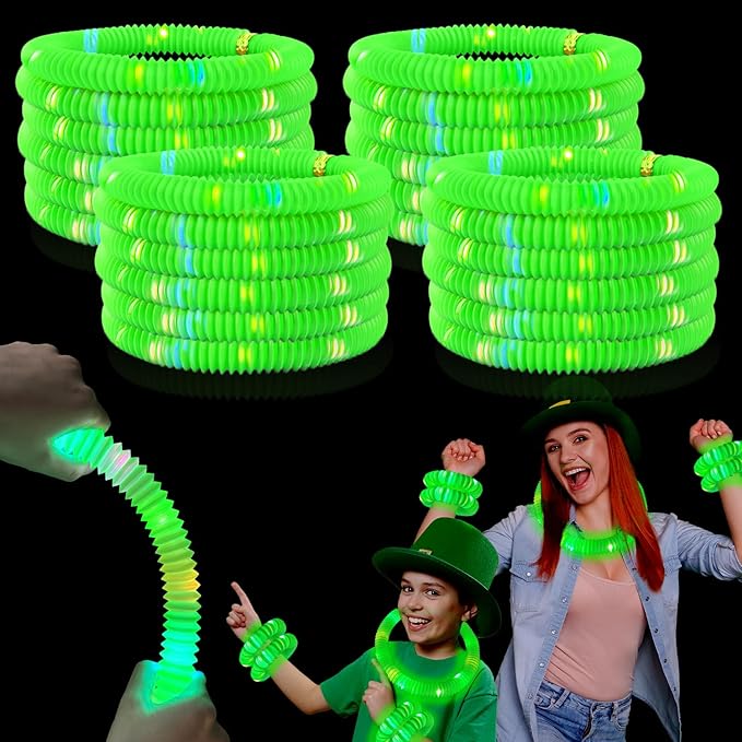 Green Glow Sticks Party Favors for Kids 24 PCS,LED Light up Pop Tubes for Toddlers, Neon Necklaces Bracelets Accessories, Glow Birthday Wedding Dance Party Supplies Camping Toys Decorations