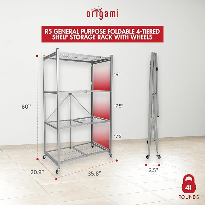 Origami 4-Tier Storage Shelves on Wheels, Steel Shelving Holds 1000 pounds, Heavy Duty Garage Storage & Organization, Closet Organizer, Utility Shelf