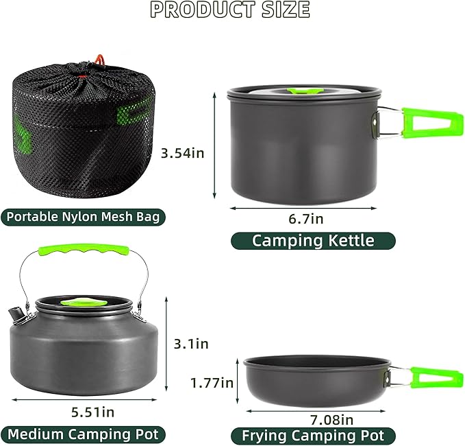 aiGear 3pcs Camping Cookware Mess Kit, Non-Stick Camping Pan Pot Kettle, Lightweight Aluminum, Collapsible Portable Camping Cooking Set for Outdoor Cooking Hiking Picnic