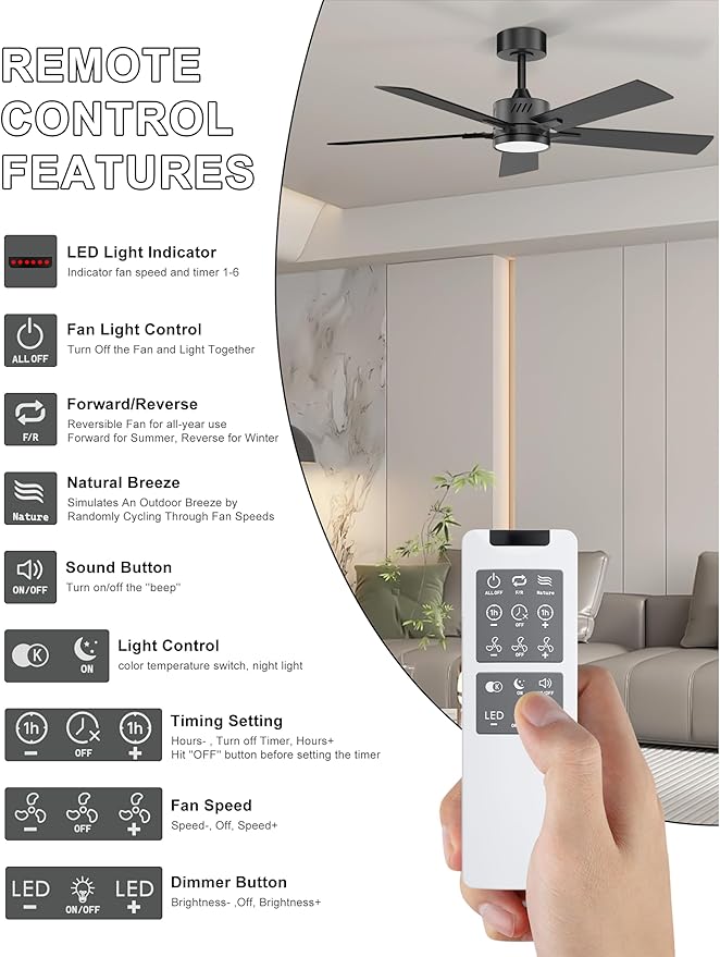 Ohniyou 48'' Ceiling Fans with Lights and Remote, 6 Speeds, 3 Colors & Dimmable LED Light, Quiet DC Motor Black Ceiling Fan for Bedroom Living Room
