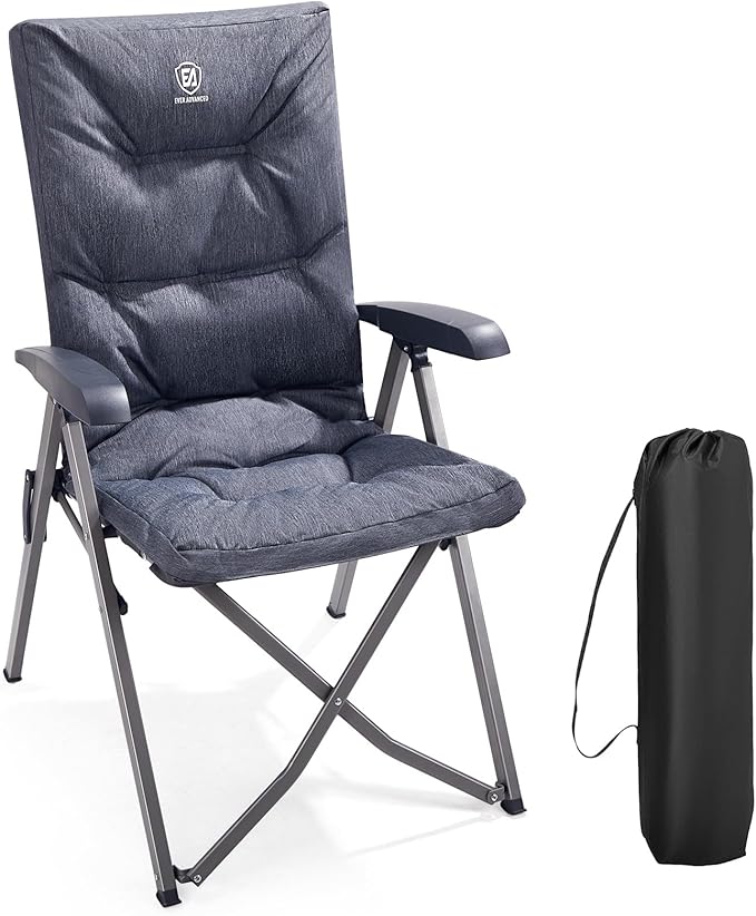 EVER ADVANCED Folding Camping Recliner Chair Fully Padded with Adjustable High Back Support Portable for Adults Patio Reclining Chair