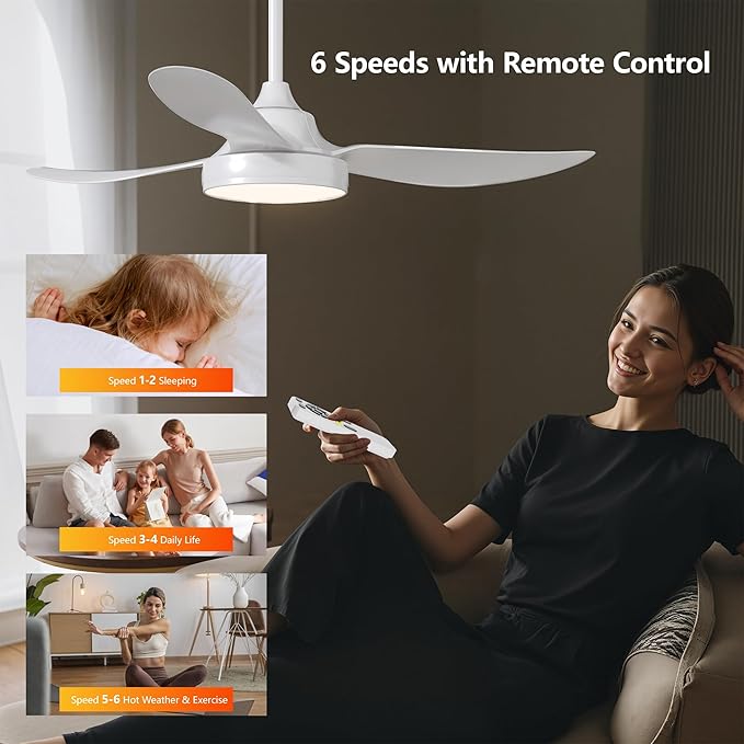 42 Inch Ceiling Fan with Light and Remote, Modern 3 Blade DC Motor Quiet Fan, Dimmable RGB LED, Reversible ABS Blades, for Bedroom Living Room, White (White)