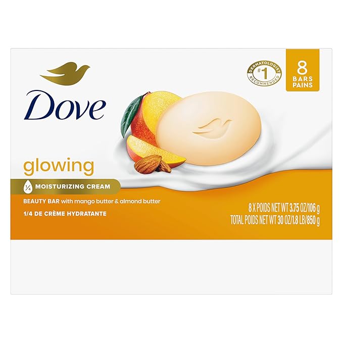 Dove Beauty Bar Soap Glowing Mango & Almond Butters, 8 Bars for Radiant Skin, Illuminates Skin 3.75 oz