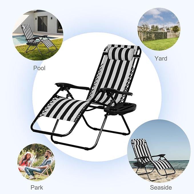 Nazhura Set of 2 Relaxing Recliners Patio Chairs Adjustable Steel Mesh Zero Gravity Lounge Chair Beach Chairs with Pillow and Cup Holder Khaki (Black/White Stripe)