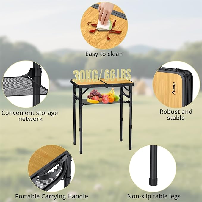 2ft Camping Table Foldable with Storage Net, 3 Adjustable Heights Aluminum Small Folding Table, Lightweight, Portable Handle, for Travel Outdoor Beach Camping Picnic, 23.2" x 16", Yellow