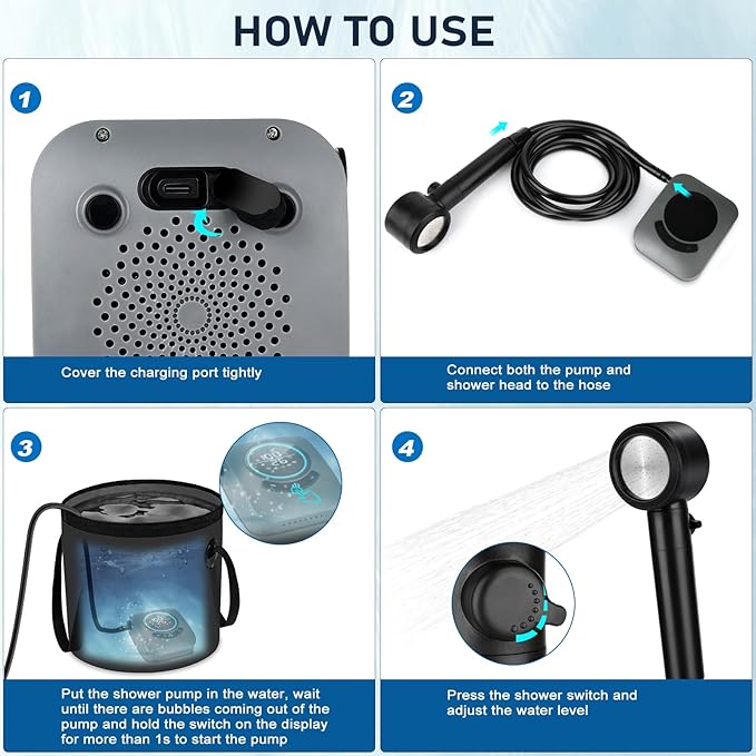 Portable Shower for Camping, [Upgraded] Spopal 8000mAh Rechargeable Camping Shower with 5 Adjustable Speeds, 4 Spray Modes, LED Display, IPX8 Waterproof Outdoor Shower Kit for Hiking, Travel, Car, Pet