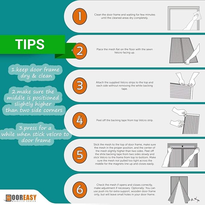 DOOREASY Magnetic Screen Wide Range Sizes Screen Door, Full Frame Loop Sewn Polyester Mesh, Add-on Magnets and Weight Bars(Fits Doors up to 30"x79")