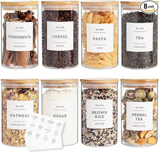 8 Pack Glass Jar with Airtight Bamboo Lid and White 132 Kichen Pantry Labels Preprinted - 21 Oz Clear Round Glass Food Storage Containers set For Tea Coffee Sugar Spice