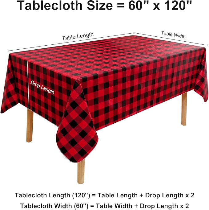 misaya Rectangle Waterproof Vinyl Table Cloth, Buffalo Flannel Backed Tablecloth, Wipeable Plastic Table Cover for Dinner, Kitchen, Picnic (60" x 120", Red and Black)
