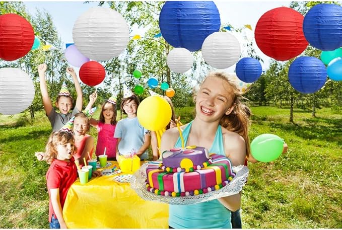 BEISHIDA 21 Pcs Red Blue White Round Paper Lanterns Decorative Hanging Asia Chinese Japanese Paper Lanterns Lamp for Birthday Wedding Baby Bridal Shower Home Decor Party Decoration