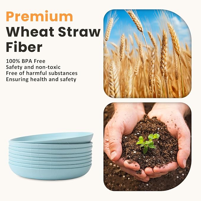 Homienly Wheat Straw Plates, Salad Plates 10 inch Set of 8, Reusable Plates for Kitchen, Kids, Camping, Picnic, Party, Microwave and Dishwasher Safe Plate Set for Kids - Light Blue