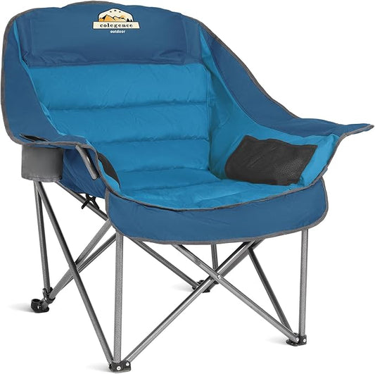 Oversized XL Padded Camping Chair Wide Heavy Duty Lawn Chairs Support 450 LBS Portable Folding Gaint Plus Camp Chair with Side Pocket Cup Holder for Outdoor Outside Sports Baseball-Blue