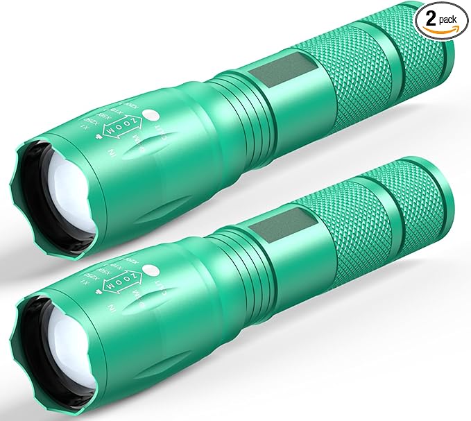 1 Mode Flashlights 2 Pack, Super Bright Zoomable LED Tactical Flashlight High Lumens, Water Resistant Portable Pocket Flash Light for Emergency, Camping, Home, and Gift - Turquoise