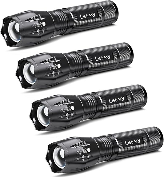 LETMY LED Tactical Flashlight S2000 [4 Pack] - High Lumens, Zoomable, 5 Modes, Waterproof Handheld LED Flashlight - Best Camping, Outdoor, Emergency, Everyday Flashlights