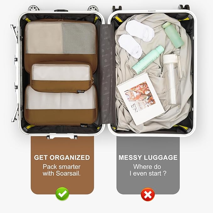 4 Set Compression Packing Cubes for Travel, Suitcases and Backpack Space Saving Organizers (Dark Brown)