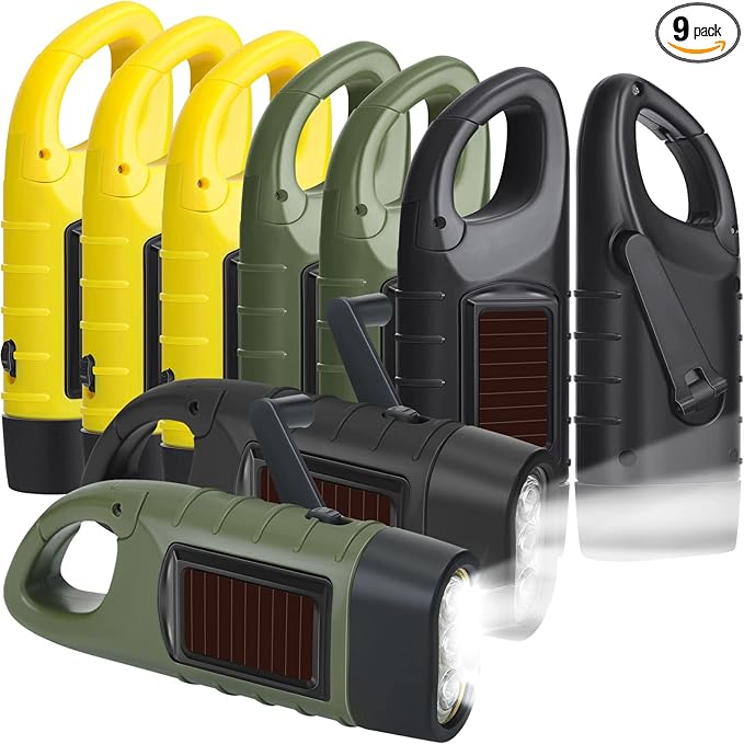 Leelosp 9 Pieces Hand Crank Flashlight Solar Powered Flashlight for Emergencies Dynamo Rechargeable LED Survival Light for Outdoor Sports Hiking Camping(Black,Green,Yellow)