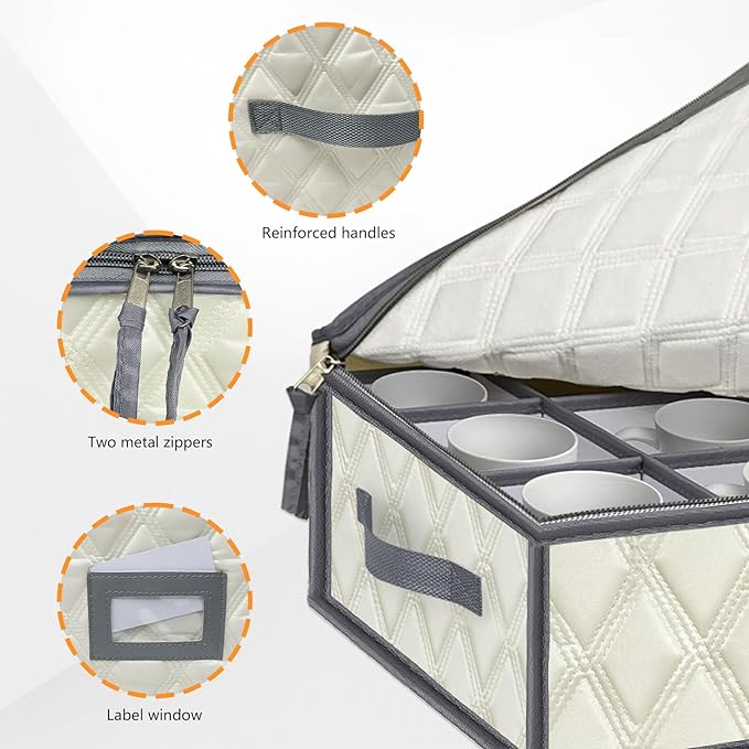 VERONLY Mug and Cup Storage Box with Dividers - 1 Pack China Storage Bin Containers Holds 12 Glassware, Stackable Coffee Mug Organizer Bin and Tea Cup with 2 Metal Zipper,Label and Handles