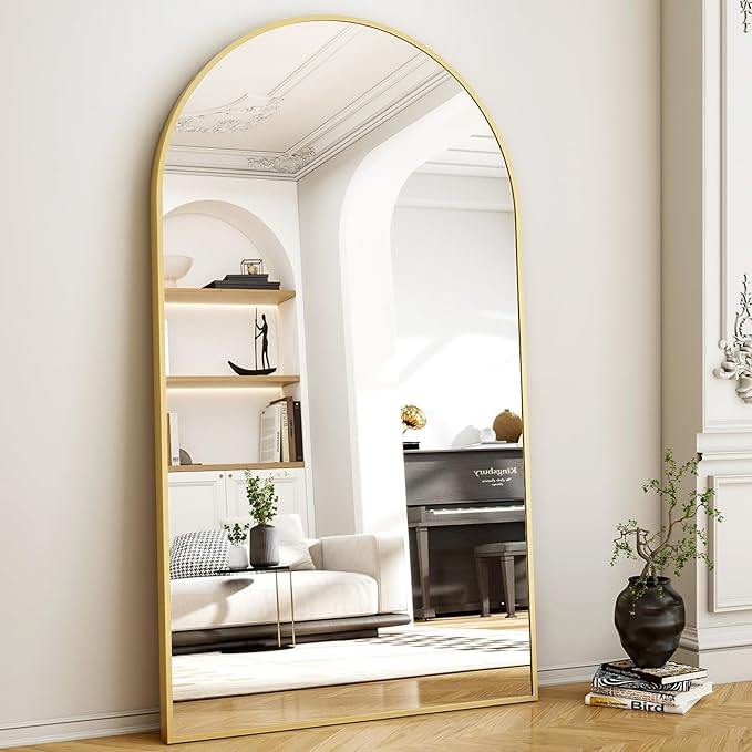 46"x76" Arched Full-Length Mirror, Oversized Floor Mirror with Stand, Freestanding or Wall-Mounted Full Body Mirror for Living Room, Bedroom, or Cloakroom, Gold