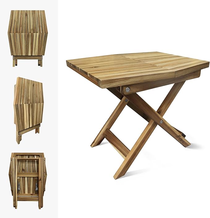 Melino Wooden Folding Table - Natural Acacia Wooden Small Foldable End Coffee Tables - FSC Certified Solid Wood Patio Side Table - Weather Resistant & Fully Assembled - Indoor and Outdoor Furniture