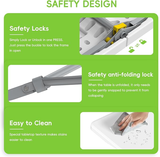 HLPB 6ft Folding Table with Handle & Safety Locks - Portable Picnic & Camping Table, Indoor/Outdoor Dining & Work Table for Weddings & Parties Plastic Construction