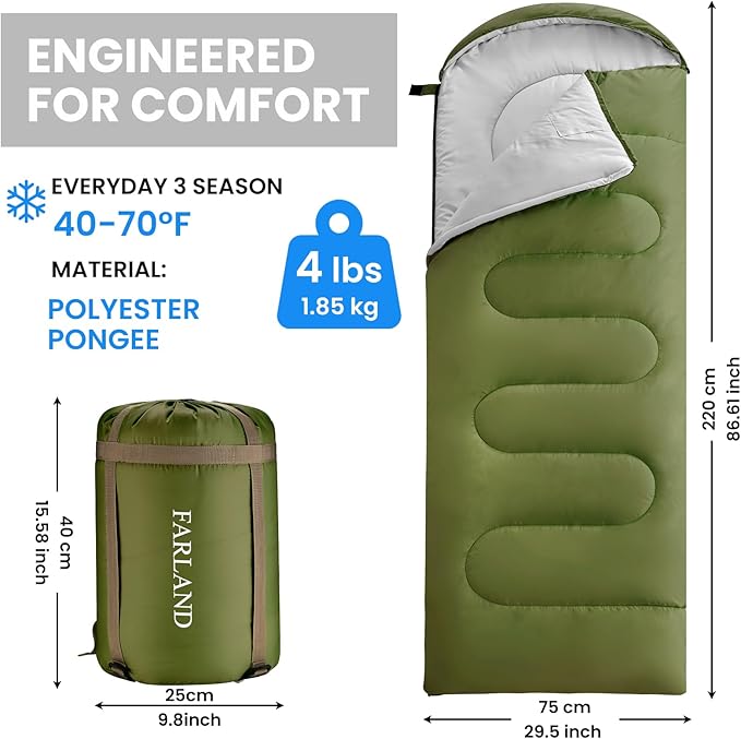 FARLAND Sleeping Bags 30℉ for Adults Teens Kids with Compression Sack Portable and Lightweight for 3-4 Season Camping, Hiking,Waterproof, Backpacking and Outdoors
