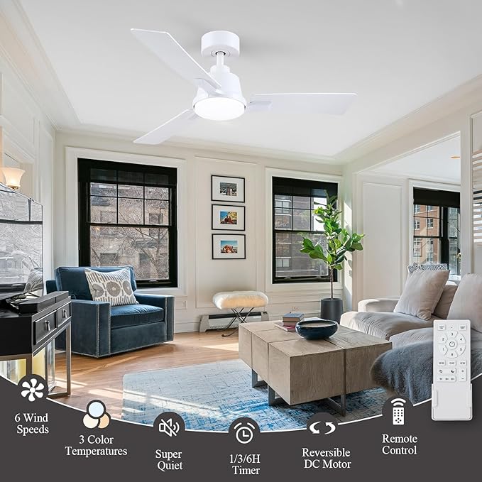 42 Inch Ceiling Fans with Lights,Low Profile Ceiling Fan,Modern Flush Mount,Reversible 6 Speeds,3CCT Dimmable Noiseless White Ceiling Fans for Living Room,Bedroom and Patio,ETL Listed