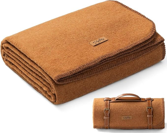 100% Wool Blanket, 48" x 62", Warm, Thick, Washable, Military Wool Blanket, Great for Camping, Outdoors, Sporting Events, Survival Kits, Dark Camel