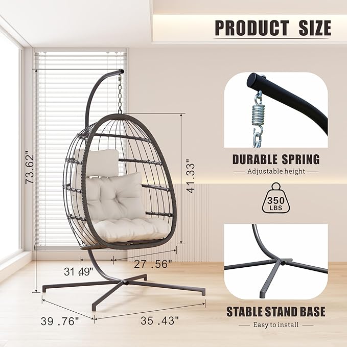 HWB Hanging Egg Chair with Stand, Swing Hammock Chair with Cushion for Indoor Outdoor, Patio Wicker Egg Swing Chair for Balcony Furniture, White