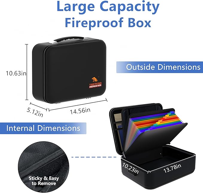 TIGERKING Fire Proof Document Safe Box with Lock and Handle – Fireproof Document Box Organizer with Hard Shell, Portable Fireproof Safe for Home Documents, Certificates, Laptop, and File Storage-Black