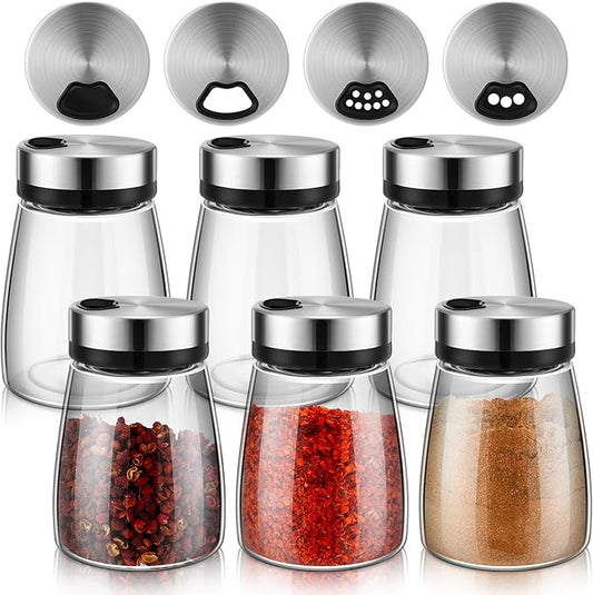 Zhehao 6 Pcs Salt Pepper Shakers Set with Adjustable Pour Holes Stainless Steel Spice Dispenser 6oz Clear Glass Seasoning Containers for Kitchen Restaurant Home BBQ Camping Farmhouse Accessories