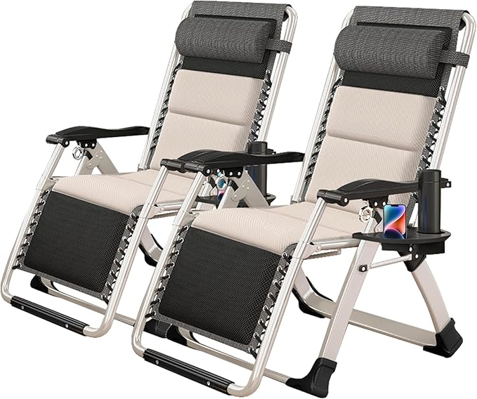 NAIZEA Padded Zero Gravity Chair, Folding Outdoor Lounge Chairs, Adjustable Reclining Camping Chairs with Cup Holder, Ergonomic Patio Lawn Chair for Balcony Beach Deck Yard