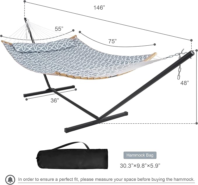 Double Hammock with Stand Included, Portable Hammock with Curved Spreader Bar, Pillow and Carrying Bag, 450 Lbs Capacity, Grey Pattern