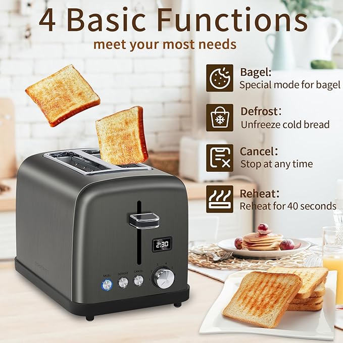SEEDEEM Toaster 2 Slice, LCD Display, 7 Shade Settings, 1.4'' Wide Slots, Stainless Steel Digital Toaster for Bagel, Defrost, Reheat, Removable Crumb Tray, 900W, Grey