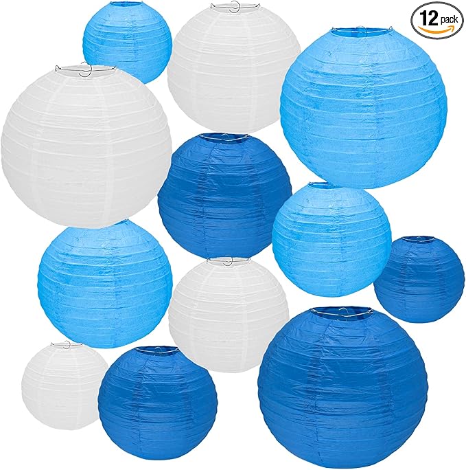 12Pcs Round Paper Lanterns Assorted Sizes (6" 8" 10" 12") for Home Decor, Restaurant, Church, Wedding, Birthday Party Decorations, Hanging Chinese Japanese Paper Lantern Lamps (Blue Series)