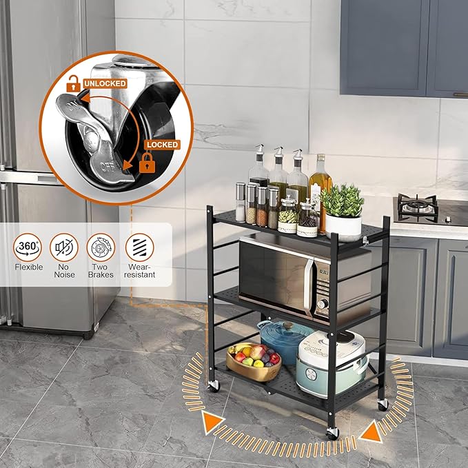 Himix Storage Shelves with 6 Hooks, 3 Tier Foldable Shelf with Wheels, Metal Storage Shelving Unit Rolling Cart, Utility Shelf Rack Organization Shelves for Pantry, Kitchen, Black - No Assembly