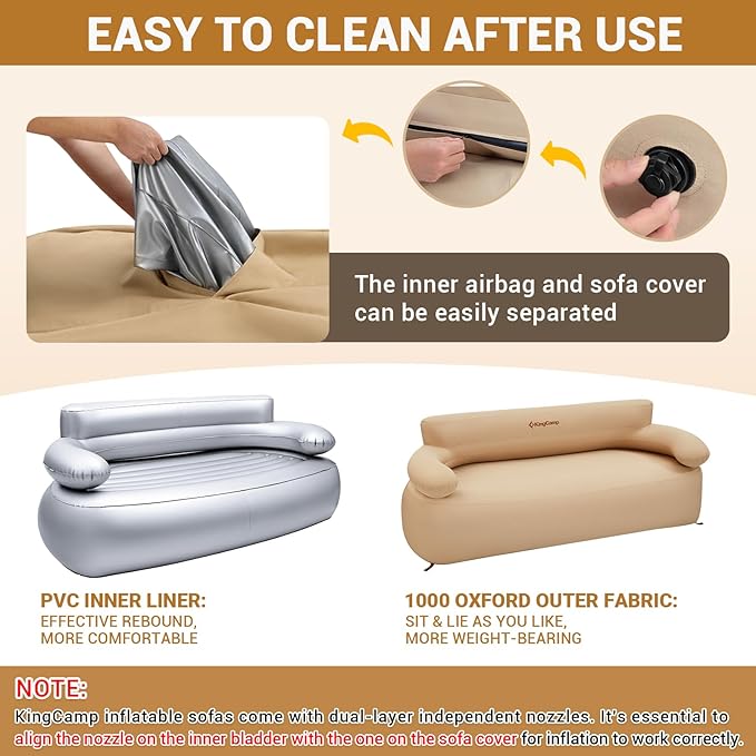 KingCamp Double Inflatable Couch for Camping, Portable Foldable Eco-Friendly Reach-Certified PVC Liner Air Lounger 2-Person Blow Up Sofa with Foot Pump, Pegs, Repair Kit & Removable Cover